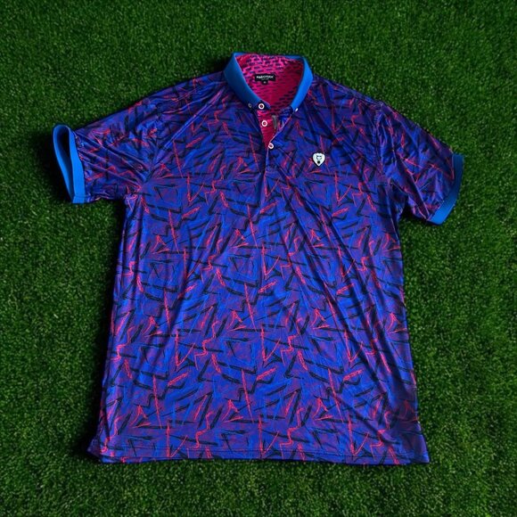 MADCHUCK Men's Blue Pink Patterned Golf Sport Polo Shirt Size XL - Picture 1 of 7